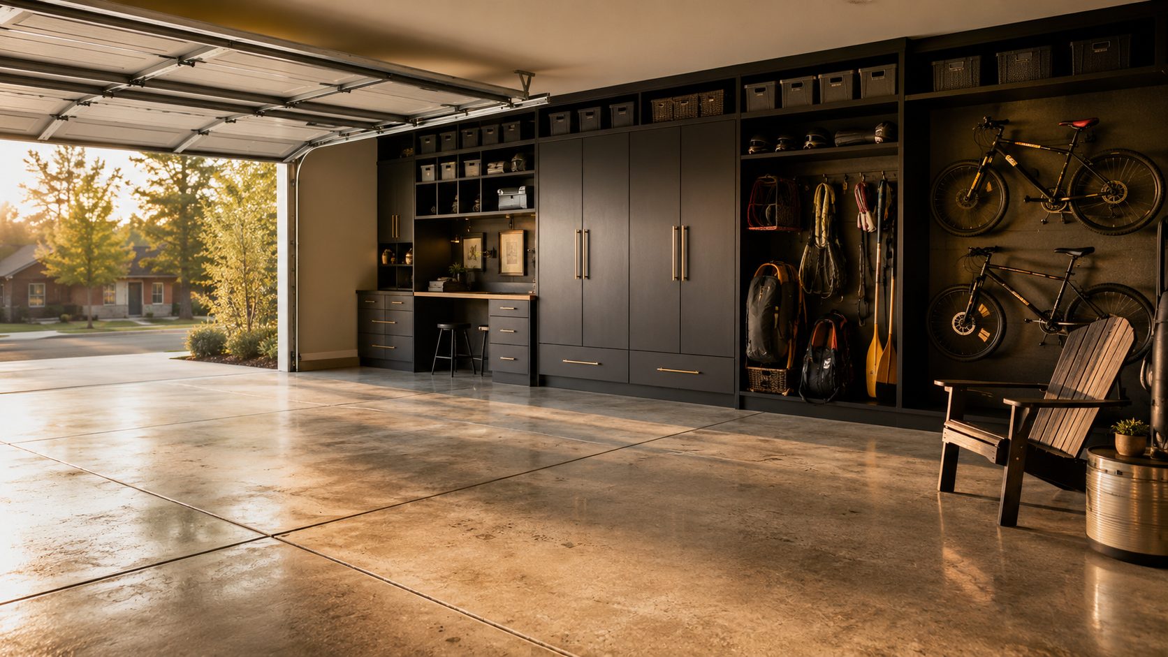 A finished, organized three-car garage in a Denver home at golden hour