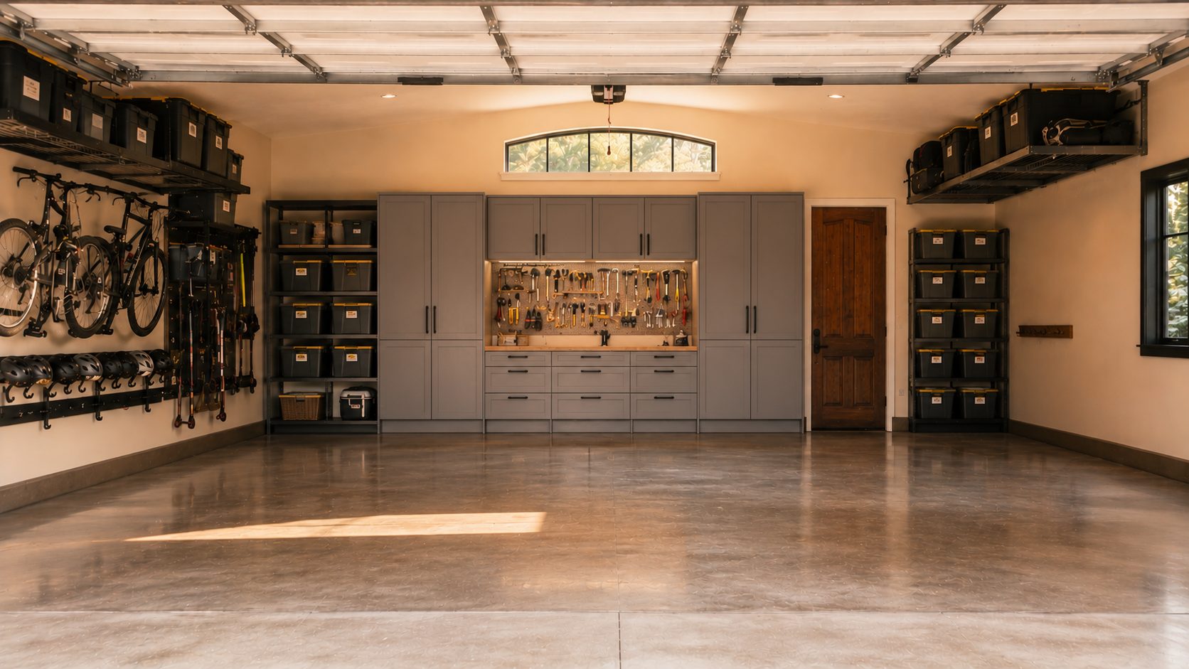 The same garage, fully organized and finished by Reset & Co. — gear racked, bins labeled, polished concrete
