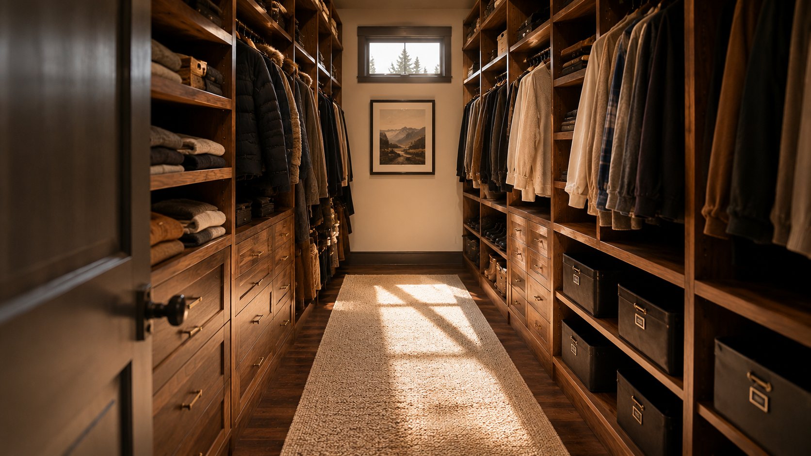 A finished walk-in closet by Reset & Co. Home — wood paneling, leather bins, organized hanging system
